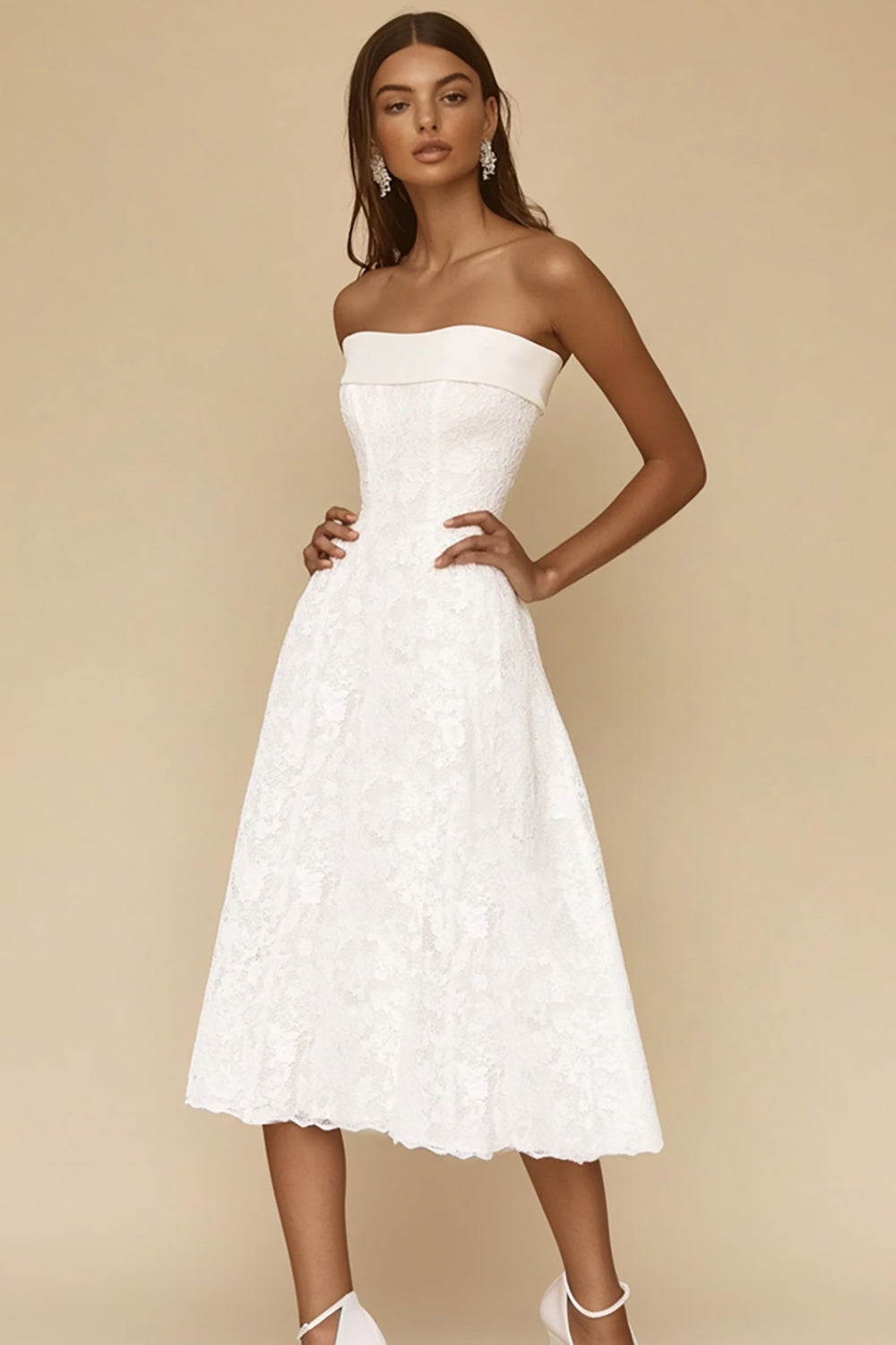 A-Line Strapless Lace Tea Length White Graduation Dress