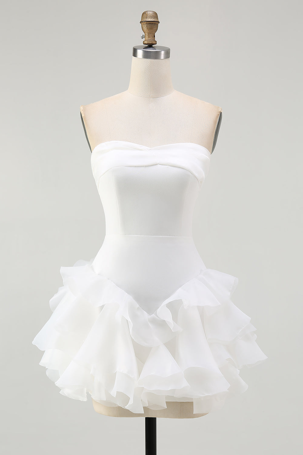 A-Line Strapless Ruffles Little White Graduation Dress