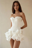 A-Line Strapless Ruffles Little White Graduation Dress