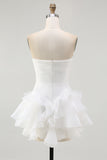 A-Line Strapless Ruffles Little White Graduation Dress