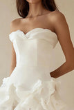 A-Line Strapless Ruffles Little White Graduation Dress