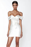White Off the Shoulder Bodycon Satin Short Graduation Dress
