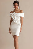 White Off The Shoulder Satin Ruffled Graduation Dress