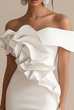 White Off The Shoulder Satin Ruffled Graduation Dress