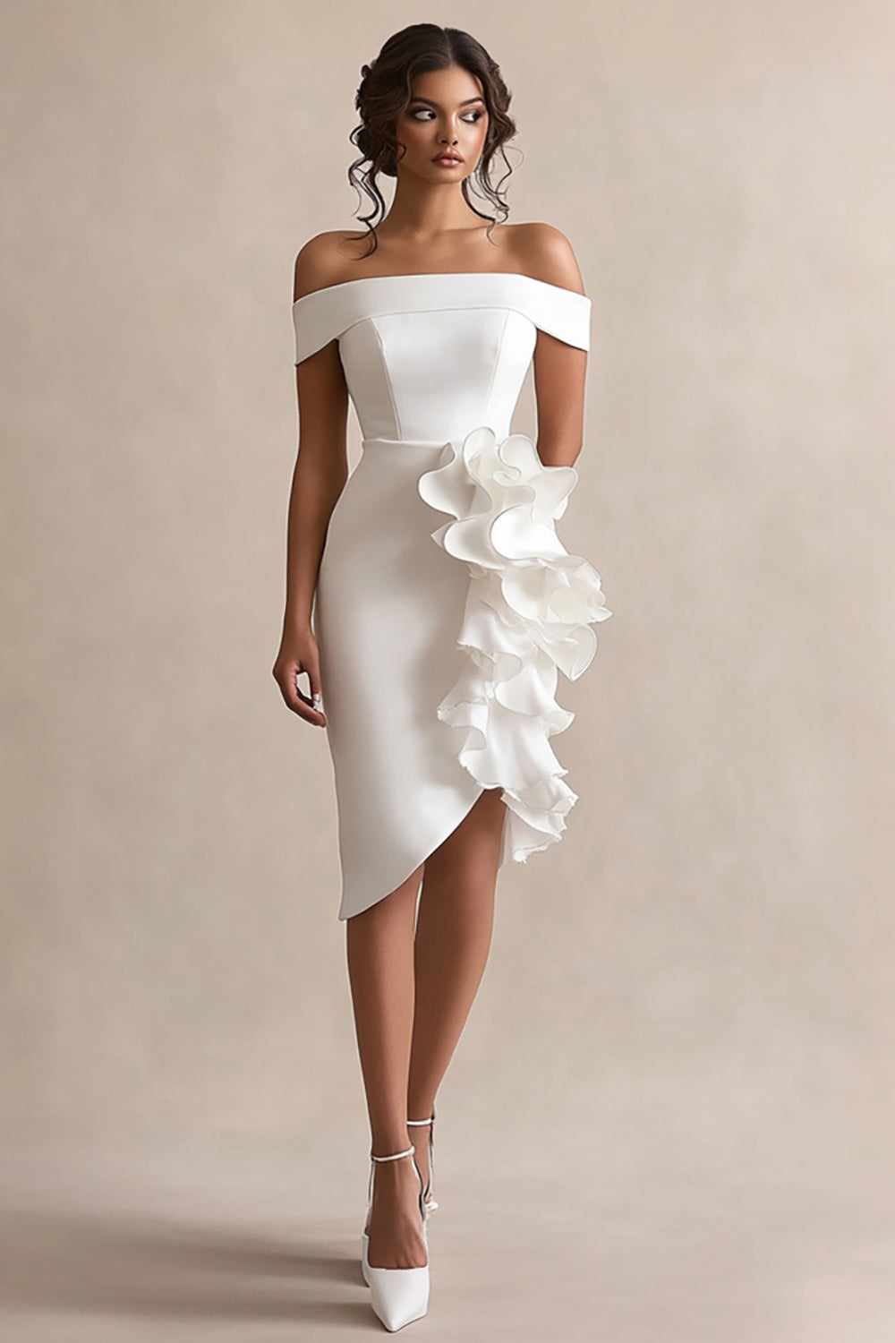 Off the Shoulder White Satin Graduation Dress with Ruffles