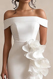 Off the Shoulder White Satin Graduation Dress with Ruffles