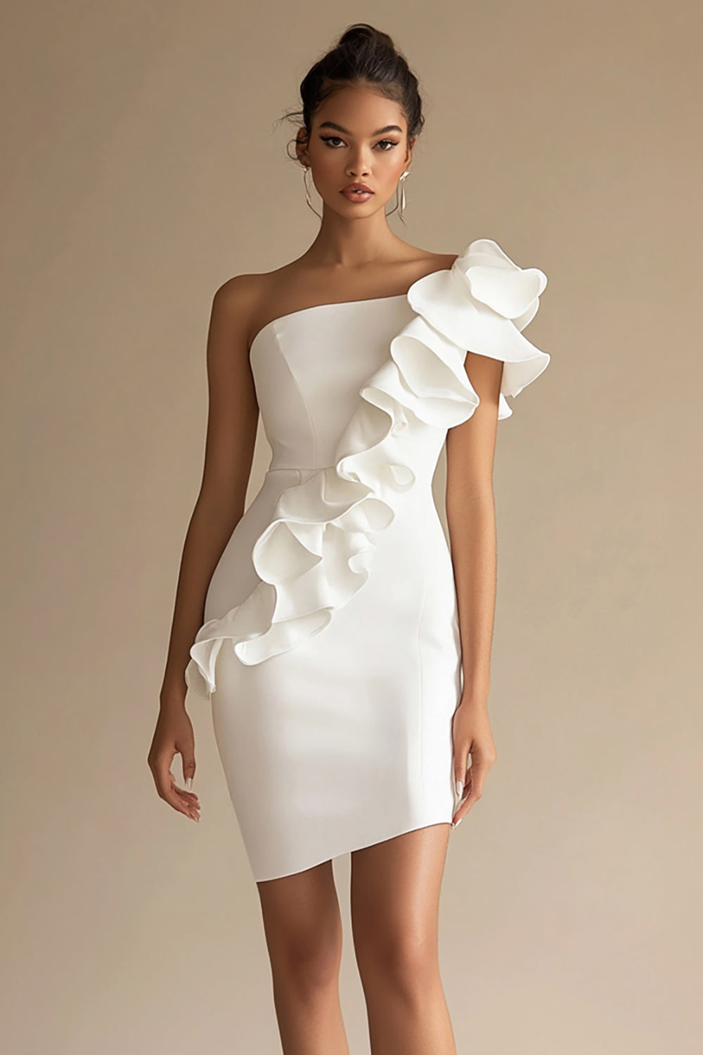 One Shoulder White Ruffled Bodycon Graduation Dress