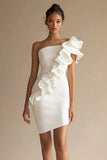One Shoulder White Ruffled Bodycon Graduation Dress