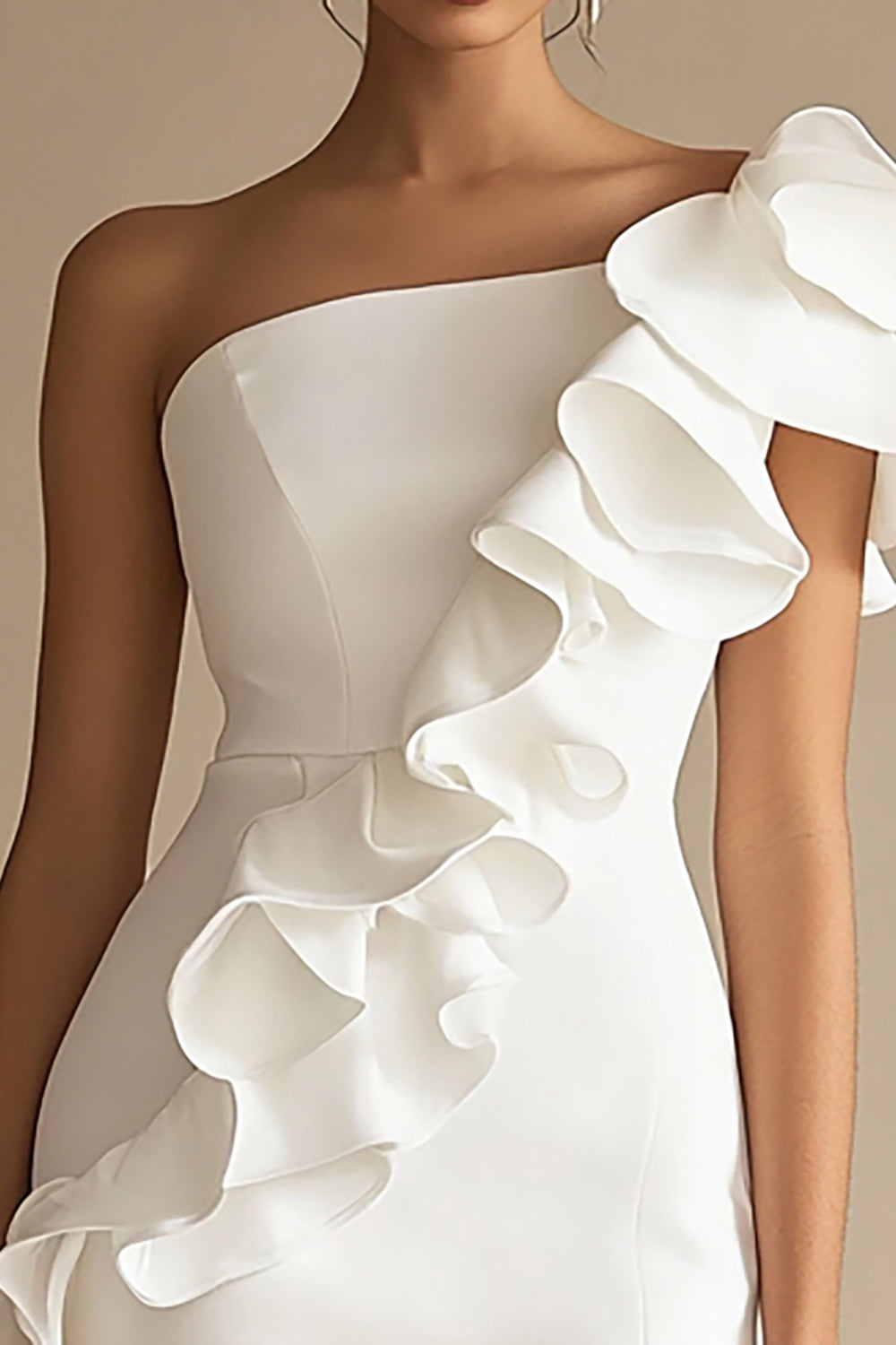 One Shoulder White Ruffled Bodycon Graduation Dress