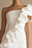 One Shoulder White Ruffled Bodycon Graduation Dress