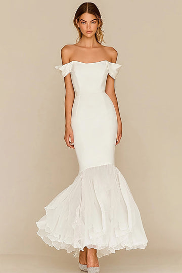 White Off The Shoulder Mermaid Satin Chiffon Wedding Dress
