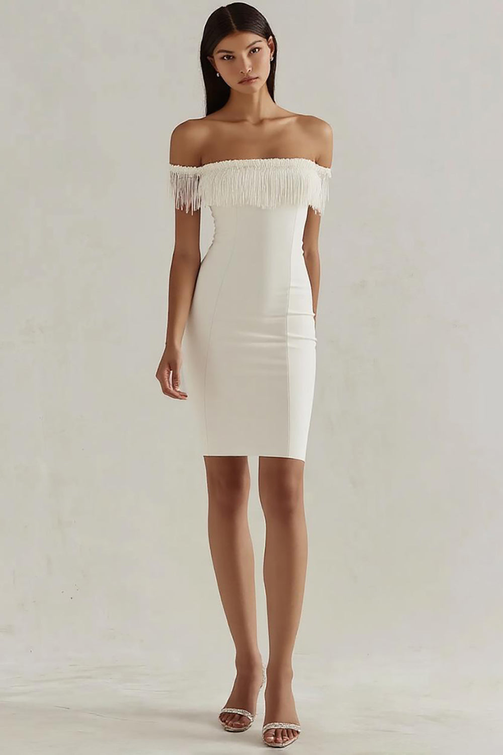 White Sheath Off the Shoulder Graduation Dress with Fringes