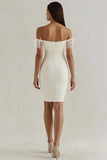 White Sheath Off the Shoulder Graduation Dress with Fringes