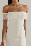 White Sheath Off the Shoulder Graduation Dress with Fringes