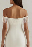 White Sheath Off the Shoulder Graduation Dress with Fringes