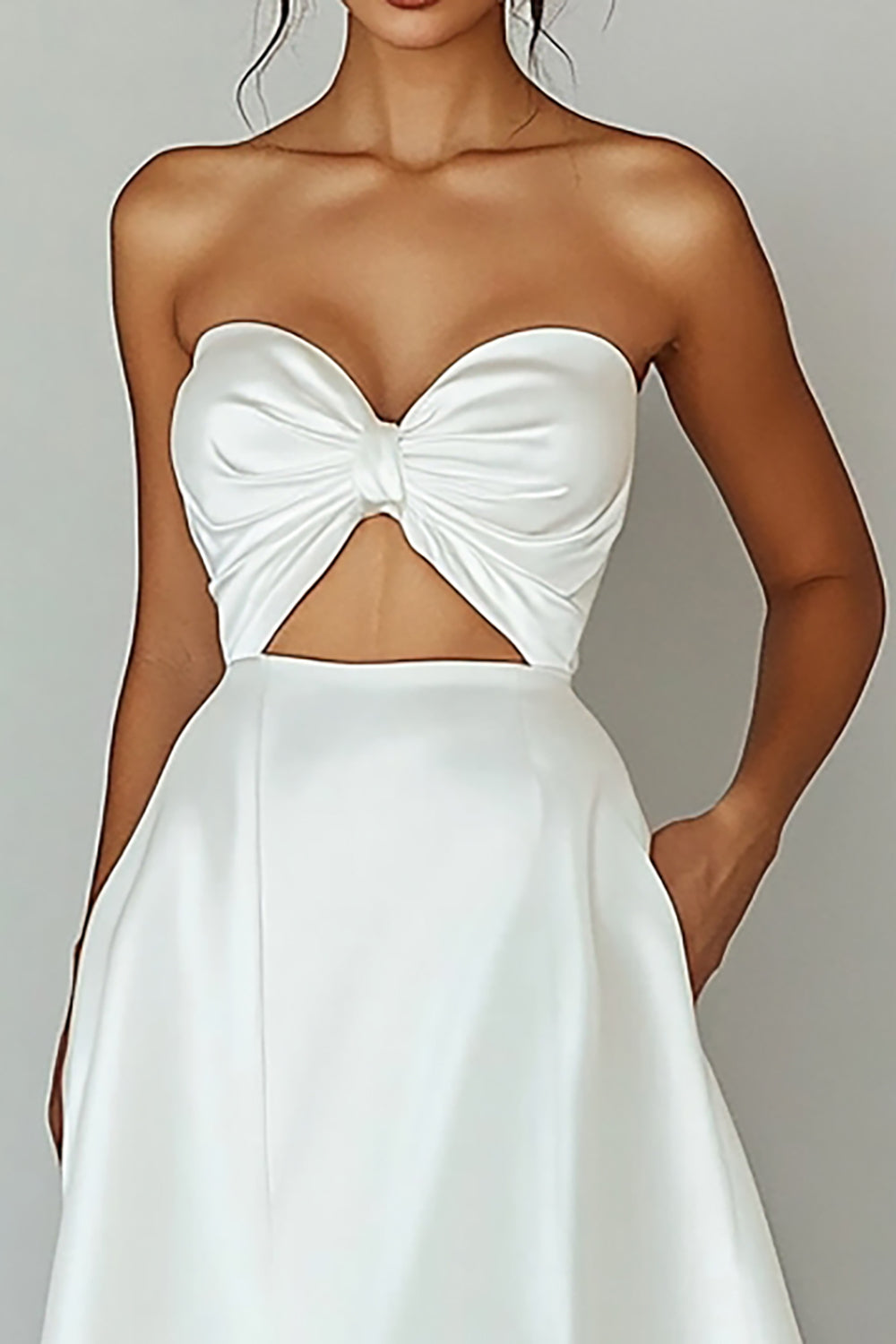 Strapless Cut Out White A Line Satin Graduation Dress