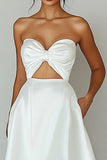 Strapless Cut Out White A Line Satin Graduation Dress