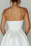 Strapless Cut Out White A Line Satin Graduation Dress