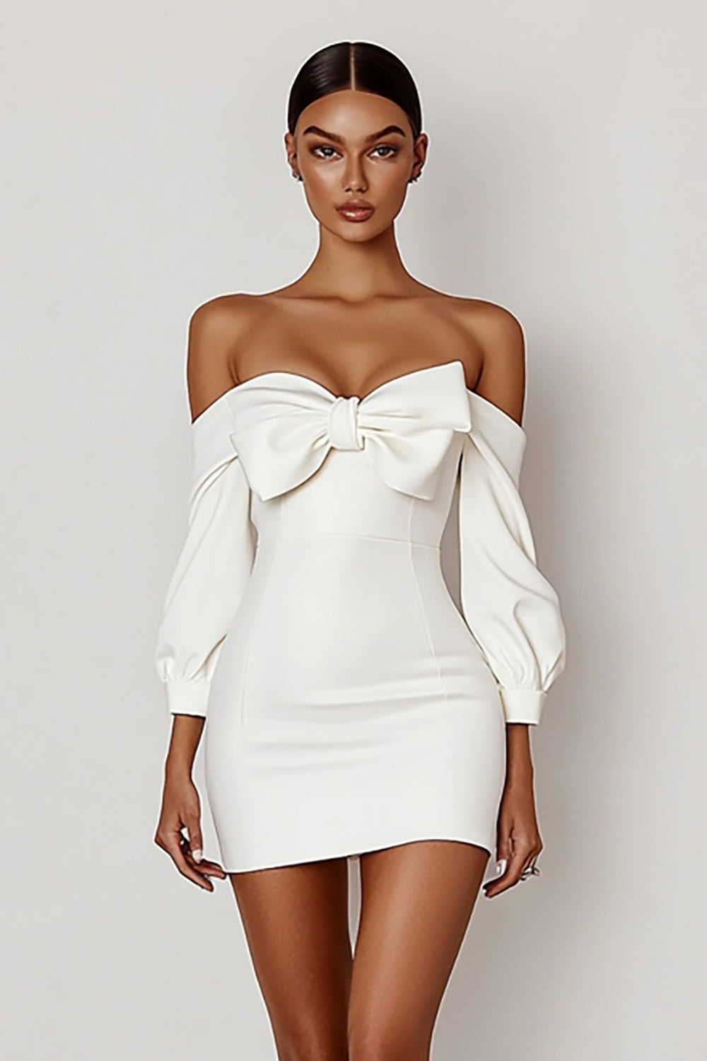 White Bodycon Off the Shoulder Hlaf Sleeve Graduation Dress with Bow