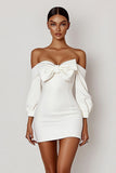 White Bodycon Off the Shoulder Hlaf Sleeve Graduation Dress with Bow