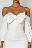 White Bodycon Off the Shoulder Hlaf Sleeve Graduation Dress with Bow
