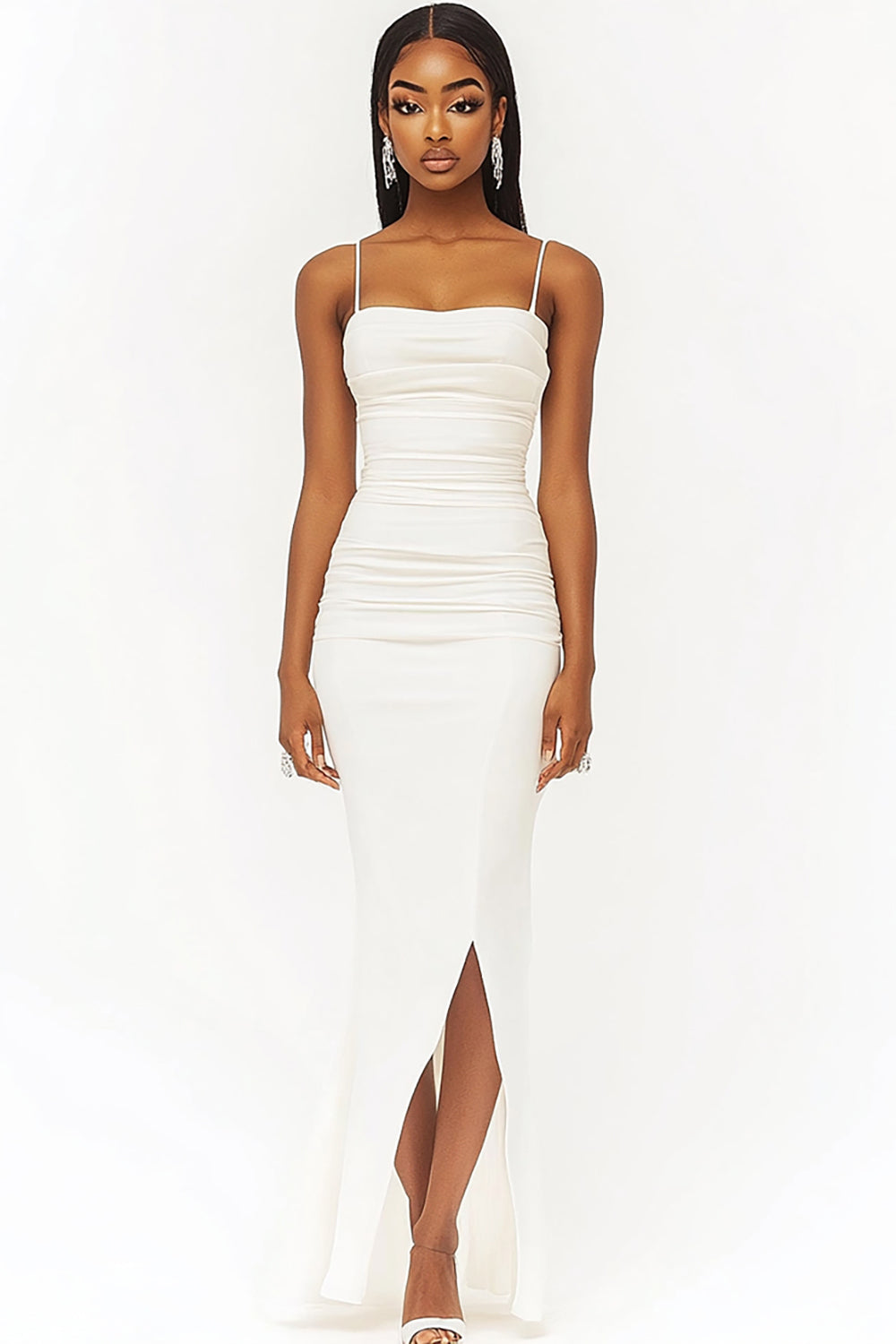 White Sheath Spaghetti Straps Ruched Graduation Dress with Slit