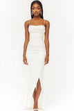 White Sheath Spaghetti Straps Ruched Graduation Dress with Slit