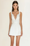 Satin V Neck Little White Dress with Lace