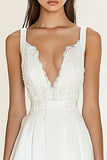 Satin V Neck Little White Dress with Lace