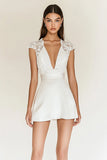 White A Line V-Neck Lace Graduation Dress with Cap Sleeves