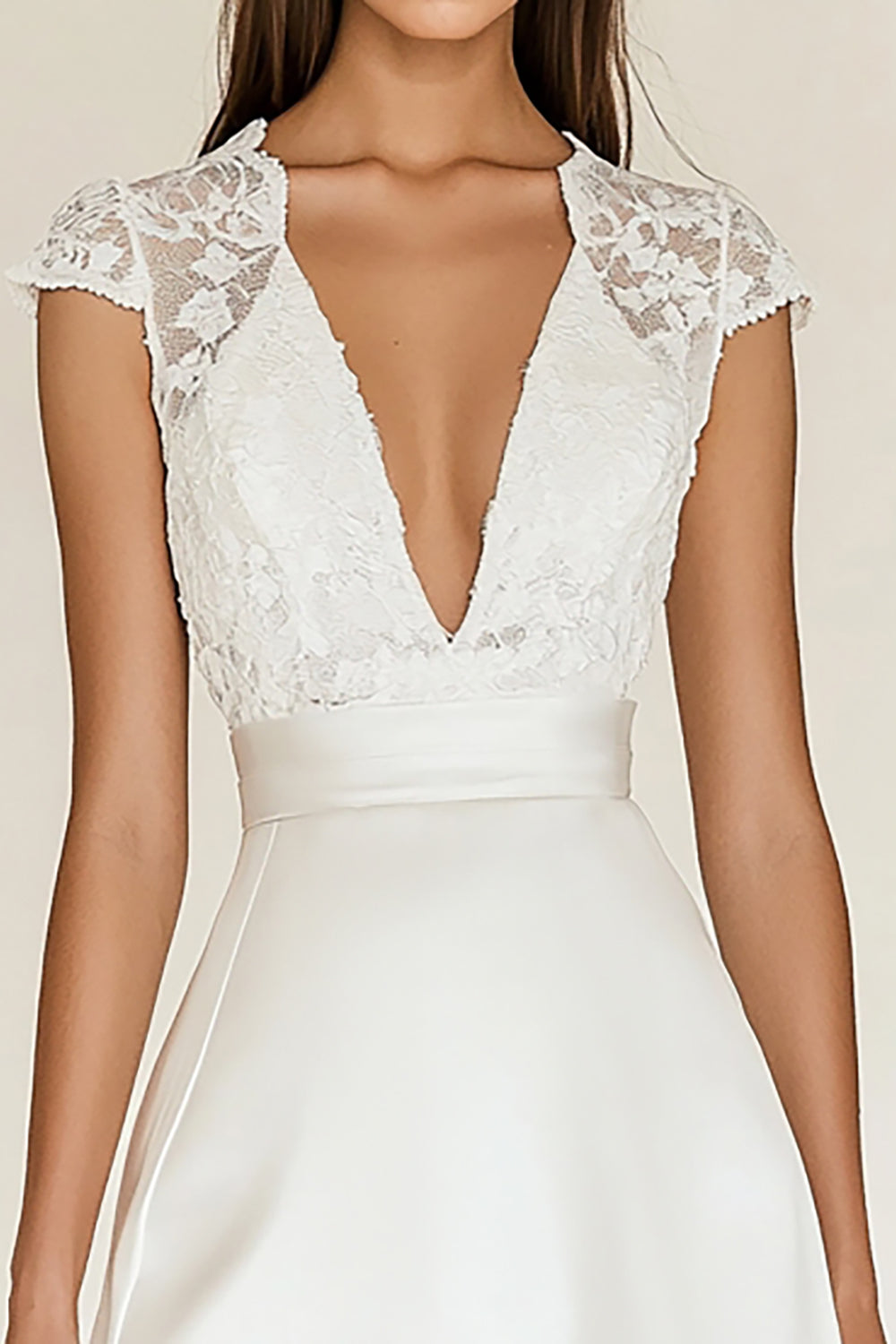 White A Line V-Neck Lace Graduation Dress with Cap Sleeves