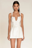 White A Line Spaghetti Straps Satin Graduation Dress with Lace