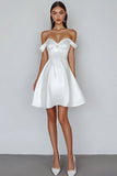 White A-Line Off the Shoulder Satin Graduation Dress