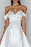 White A-Line Off the Shoulder Satin Graduation Dress