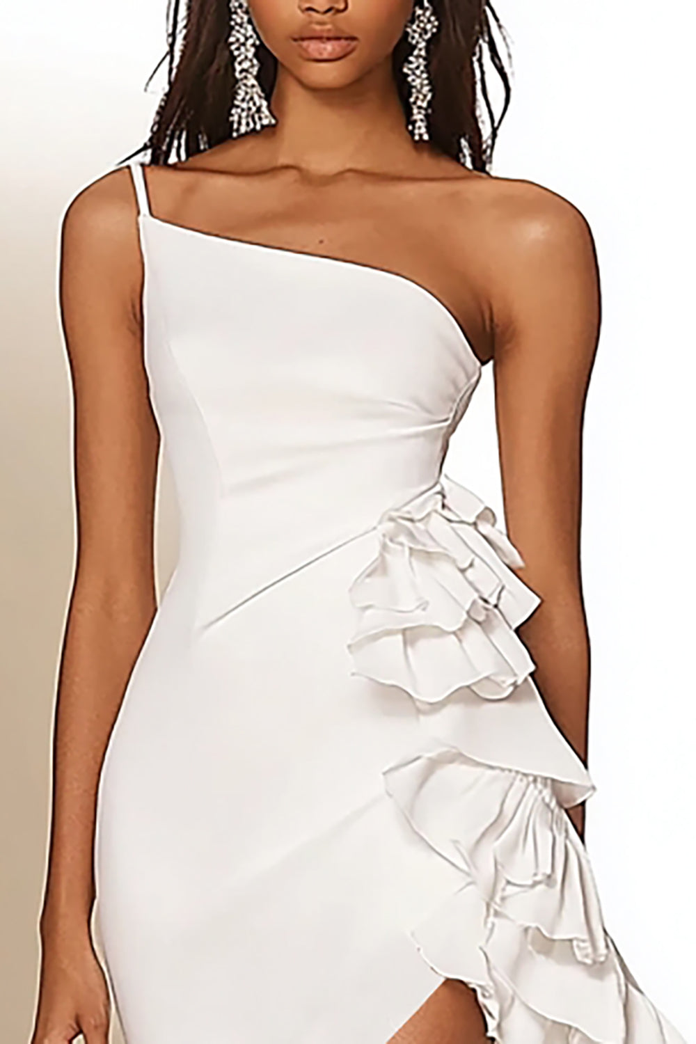 White Bodycon One Shoulder Satin Graduation Dress with Ruffles