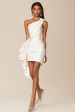 One Shoulder White Ruffled Short Bodycon Graduation Dress