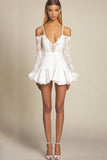 White Spaghetti Straps Lace Ruffled Graduation Dress with Long Sleeves