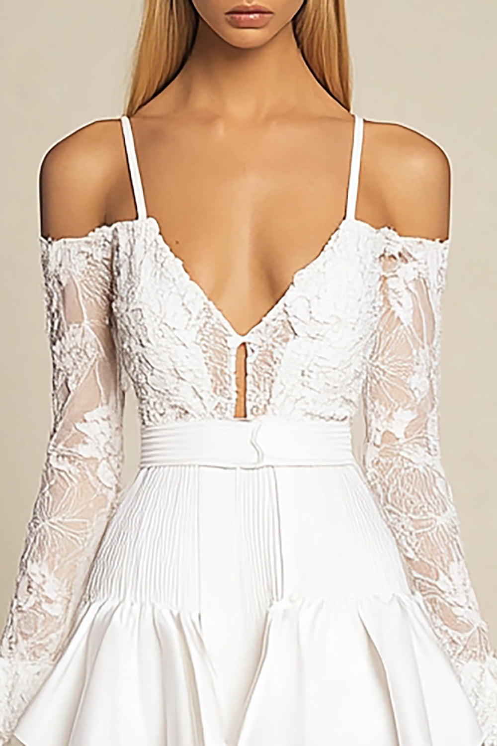 White Spaghetti Straps Lace Ruffled Graduation Dress with Long Sleeves