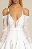White Spaghetti Straps Lace Ruffled Graduation Dress with Long Sleeves