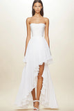 Strapless White A Line Ruffles Asymmetrical Engagement Dress