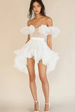 White A Line Off The Shoulder Ruffled Graduation Dress