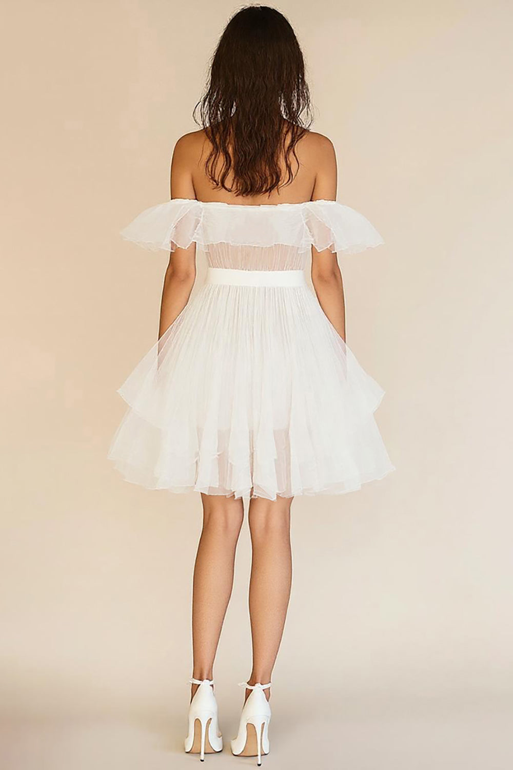White A Line Off The Shoulder Ruffled Graduation Dress