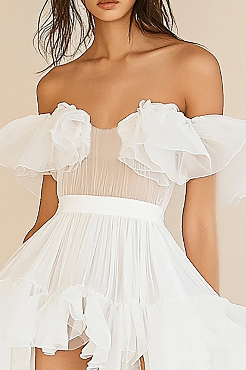 White A Line Off The Shoulder Ruffled Graduation Dress