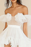 White A Line Off The Shoulder Ruffled Graduation Dress