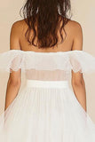 White A Line Off The Shoulder Ruffled Graduation Dress