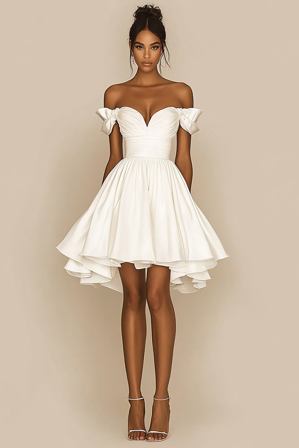 Off The Shoulder White A Line Satin Ruffled Graduation Dress