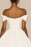 Off The Shoulder White A Line Satin Ruffled Graduation Dress