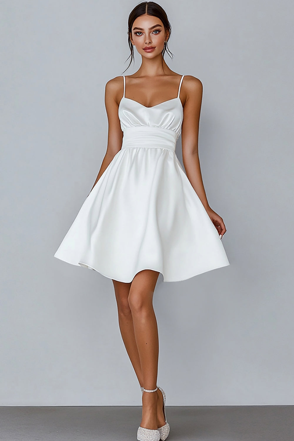 White A Line Spaghetti Straps Satin Graduation Dress