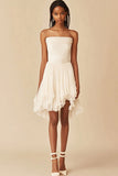 White Strapless A Line Graduation Dress with Ruffles