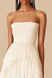 White Strapless Chiffon Ruffled Graduation Dress